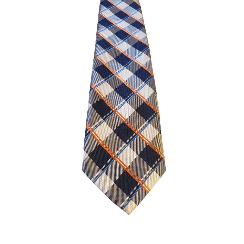 NAUTICA Plaid Checkered Navy White Orange Neck Tie ‎ Multicolor Plaids & Checks